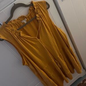 Max Studio Mustard Sleeveless Dress EUC, Ruffled Neckline with Ties, Tiered